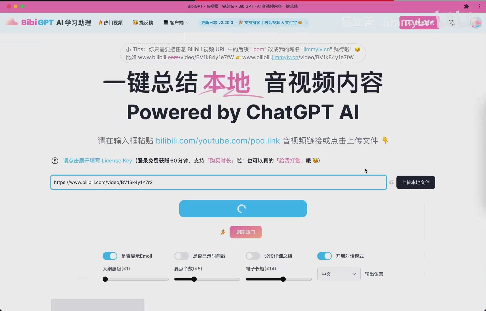 用户输入 Bilibili 视频链接进行总结