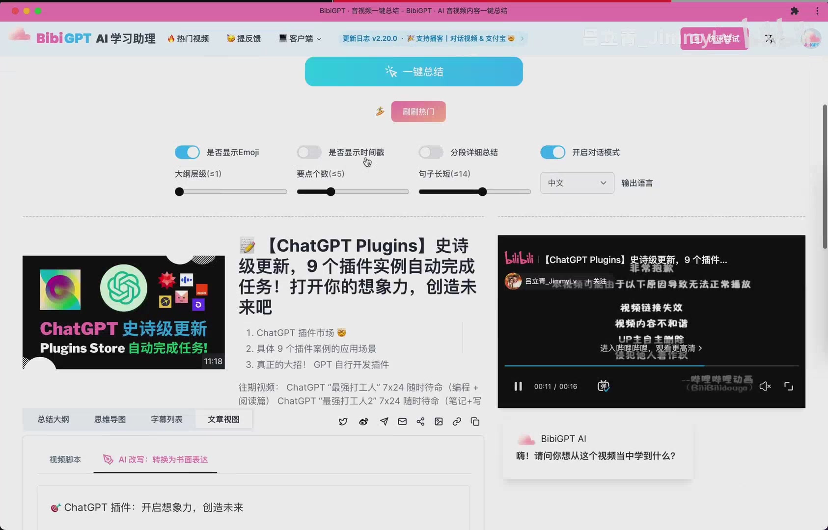 BibiGPT 提供的总结内容显示选项