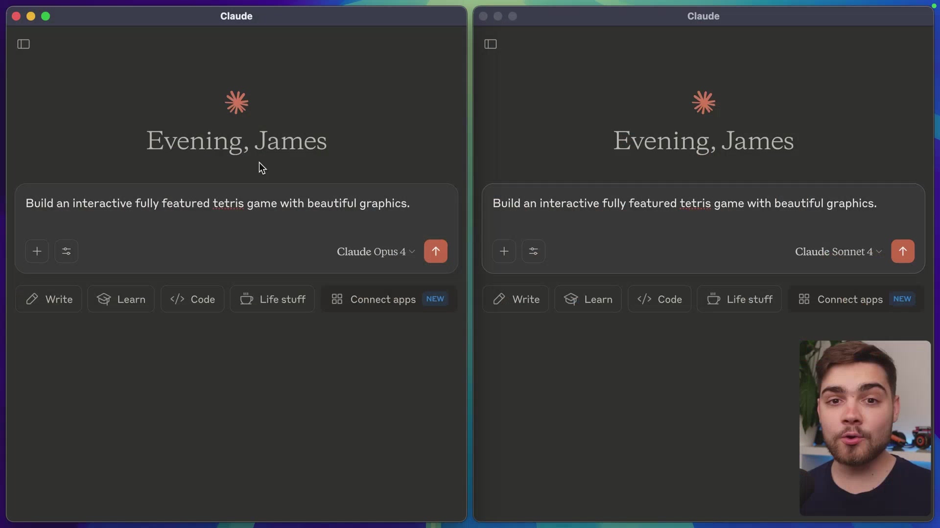 Claude Opus 4 与 Sonnet 4 同时生成俄罗斯方块游戏代码